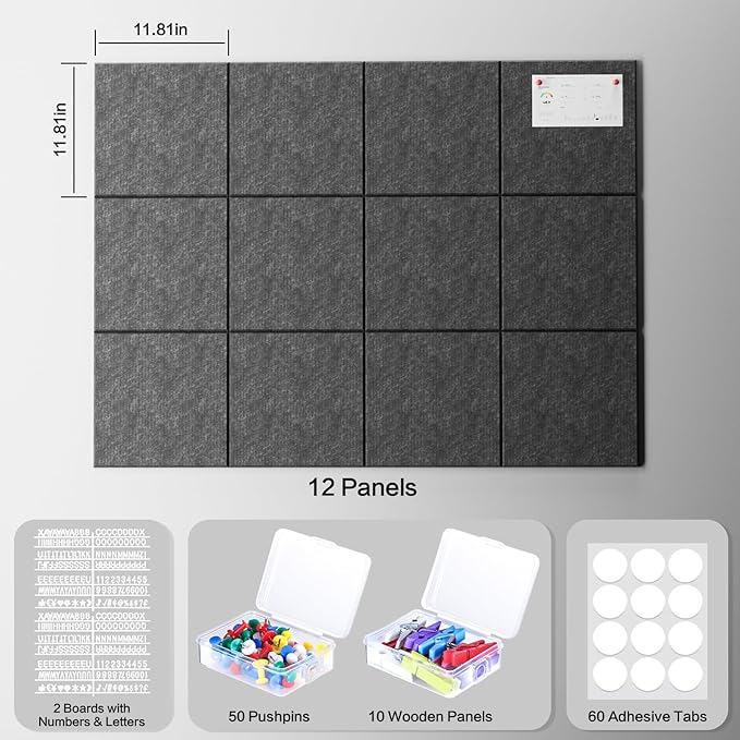 Large Cork Board Alternative 48"x36" Cork Board Felt Wall Tiles 12 Packs Bulletin Board Safe Removable No Damage for Walls Office School Tack Board Felt Letter Board Pin Board with Numbers & Pushpins