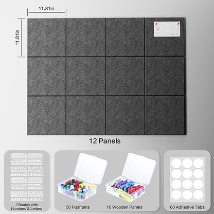 Large Cork Board Alternative 48"x36" Cork Board Felt Wall Tiles 12 Packs Bulletin Board Safe Removable No Damage for Walls Office School Tack Board Felt Letter Board Pin Board with Numbers & Pushpins