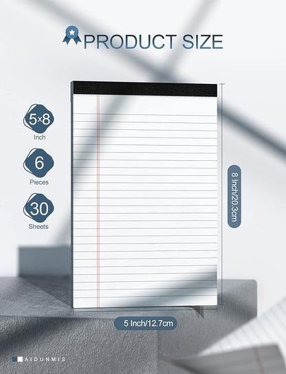 Legal Pads 5x8 Inch Writing Pads for Office Note Pads 5x8 for Work 80 GSM Paper College Ruled Legal Pad To Do List Notepad 30 Sheets 6 Pack Notebook Writing Pad Notepads for Grocery List Shopping List