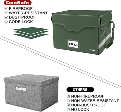 DocSafe File Box Fireproof Document Box with Lock,File Storage Organizer Box with Mesh Inserts＆Zipper Lid,Collapsible Portable File Box Home Office File Cabinet with Handle for Hanging Folders,Green