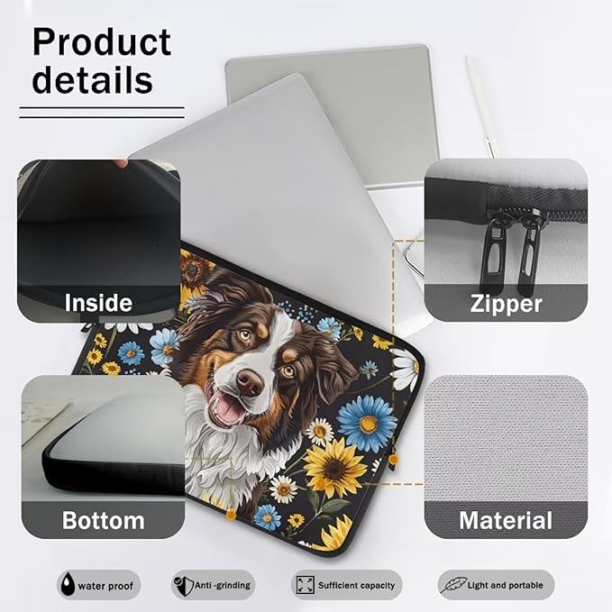 Bernese Mountain Dog Printed Computer Bags for Laptops, Sunflower Daisy Printed 12 Inch Laptop Bag Laptop Briefcase Travel Case for Women Men Teens, Compatible with Most Laptops