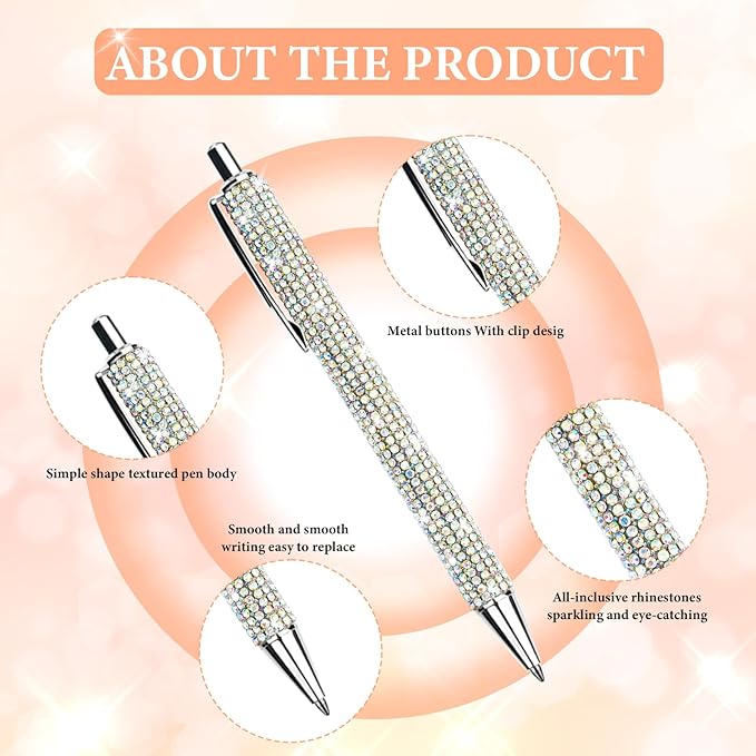 20Pcs Rhinestone Metal Ballpoint Pens Bling Pens Bulk Fancy Sparkly Crystal Diamond Pens Press Retractable Black Ink 0.7mm For Women Office Meeting Birthday Supplies Wedding Gifts