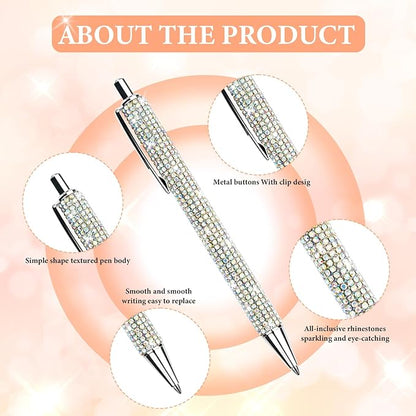 20Pcs Rhinestone Metal Ballpoint Pens Bling Pens Bulk Fancy Sparkly Crystal Diamond Pens Press Retractable Black Ink 0.7mm For Women Office Meeting Birthday Supplies Wedding Gifts