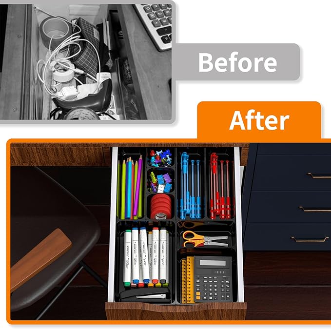 60 Pcs Plastic Drawer Organizer Set,5 Size Small Storage Containers for Organizing Jewelry,Utensil,Junk,Tea,Makeup,Shallow Drawer Organizers Tray Suitable for Office,Desk,Bathroom,Vanity,Kitchen,Black