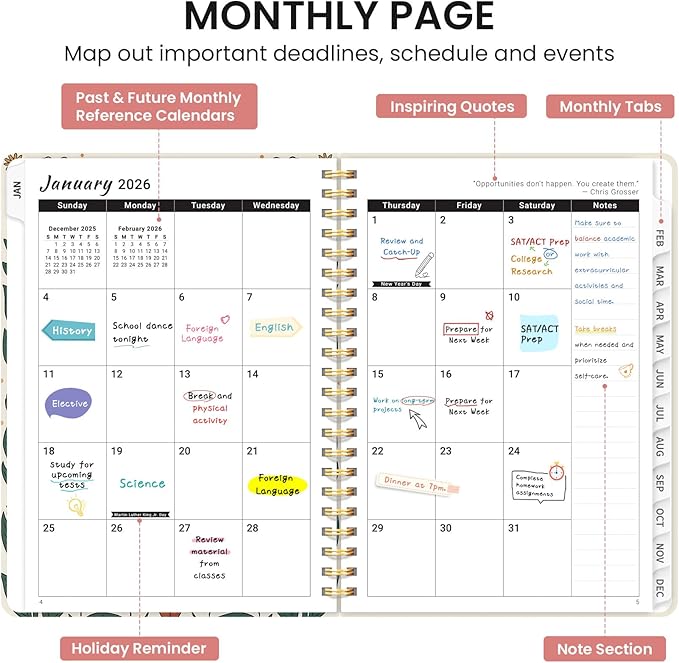 2026 Planner, Aesthetic Weekly and Monthly Planner for Women, Jan 2026 to Dec 2026, Hardcover 2026 Calendar Book with Monthly Tabs, Inner Pocket, Perfect for Office Home School - A5 (6.3" x 8.5"), Butterfly Beetles
