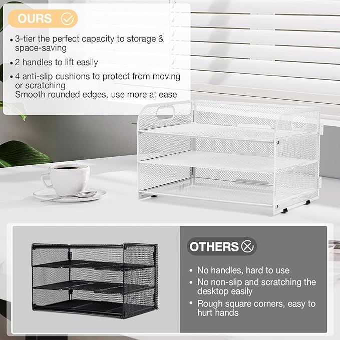 3-Tier Letter Tray Paper Organizer with Handle,Compact Mesh Desk File Organizer for Home Office Supplies Desktop Accessories,White