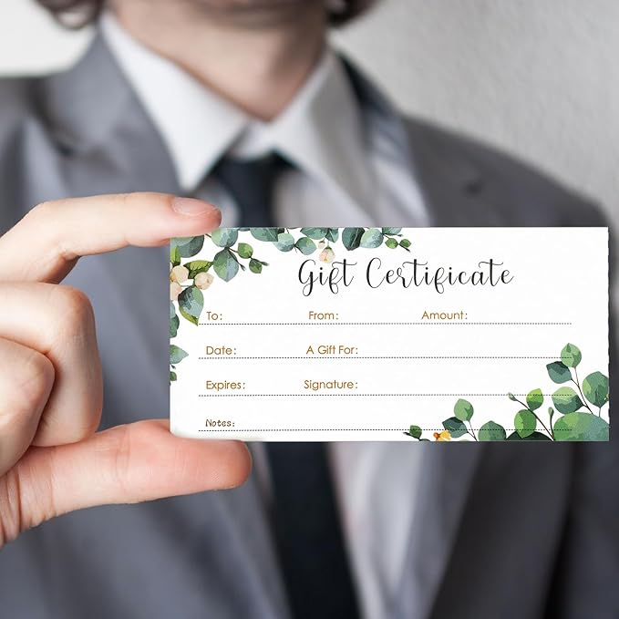 50 Sets Gift Certificate for Business with 50 Pcs Envelopes Blank Gift Certificate Cards with Name and Address Rustic for Beauty Salon Restaurants Birthday Client (Eucalyptus Leaves,4.72 x 2.36 Inch)