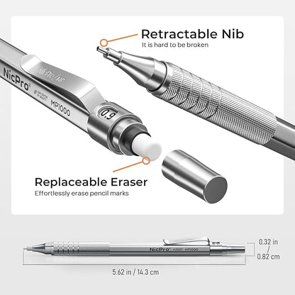 Nicpro 0.9 mm Metal Mechanical Pencil Set with Case, with 3PCS MP1000 0.9mm Drafting Pencil, 8 Tubes HB Lead Refills, 3PCS Eraser, Erasers Refills for Artist Writing, Drawing, Sketching, Silver
