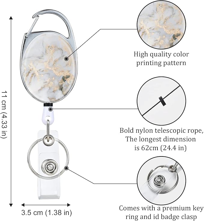 Badge Reels Retractable Double Sided Color Print Pattern Holders with Retractable Keychain and Badge Clip, Durable Nylon Rope, Light Gray Marble