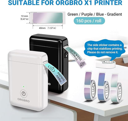 ORGBRO X1 Label Maker Tape, Genuine Thermal Label Print Paper 0.47"×1.57"(12×40mm), Standard Laminated Office Labeling Tape Replacement, 160 Tapes/Roll, 3-Roll, Gradient