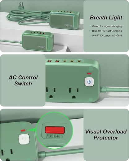 Flat Plug Power Strip, 20W USB C Power Strip with 2500W AC Outlets, 3 USB-C Ports, 2 USB-A Ports, 5FT Flat Extension Cord Outlet Extende Desk Charging Station for Home/Office/Travel Essentials