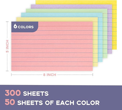 300Pcs Colored Index Cards 5x8, Goefun Lined Flashcards, 6 Color Notecards for Studying, Recipes, Memo Cards, Office Supply, To Do List, Presentation
