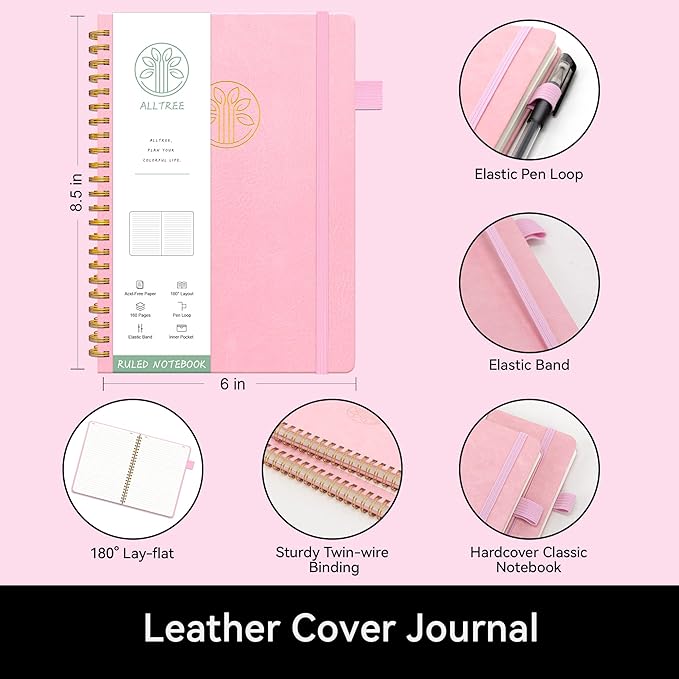 Alltree Lined Journal Notebook, Hardcover Spiral Notebook for Work, Hardcover Spiral Notebook with Tabs, Pen Loop, Pocket, Stickers, 160 Pages, Journal for Women & Men, Pink(6"x8.5")