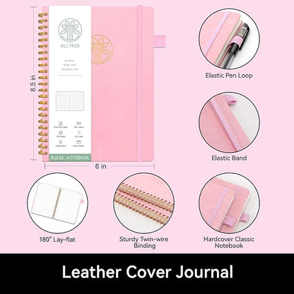 Alltree Lined Journal Notebook, Hardcover Spiral Notebook for Work, Hardcover Spiral Notebook with Tabs, Pen Loop, Pocket, Stickers, 160 Pages, Journal for Women & Men, Pink(6"x8.5")
