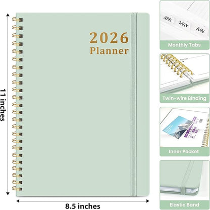 2026 Planner, Weekly and Monthly Calendar Planner, January 2026 - December 2026, Hardcover 2026 Calendar Planner Book with Tabs For Women & Men, Inner Pocket, Spiral Bound, Perfect for Office Home School Supplies - A4 (8.5" x 11"), Mint