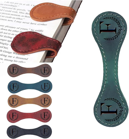 Personalized Magnetic Leather Bookmark, 26 Letters Custom Leather Bookmarks, Handmade, Leather Magnetic Bookmark for Book Lovers Readers Women Kid(Green，F）