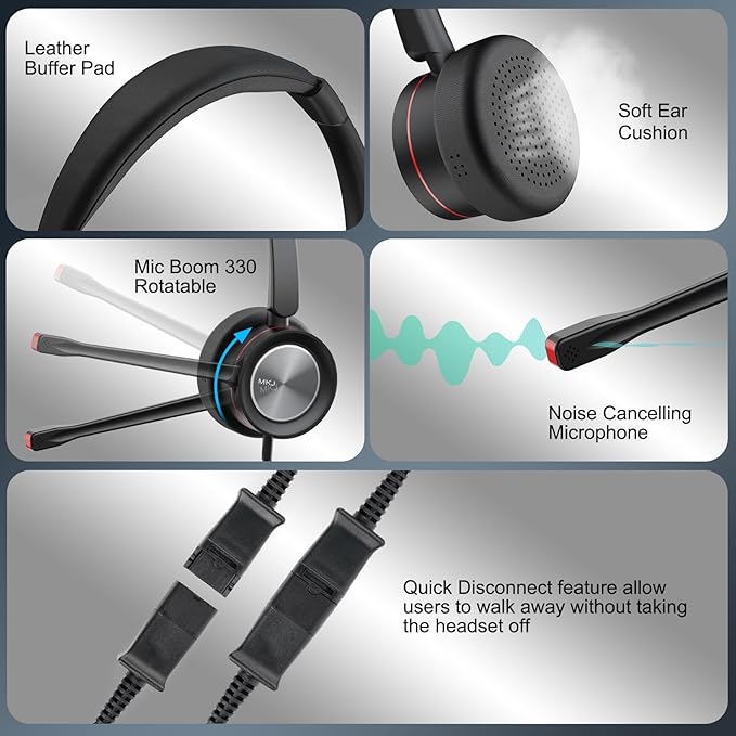 MKJ 2.5mm Telephone Headset with Microphone Noise Cancelling Wired Headphone for Call Center Office Phone Cisco SPA 303 508G Panasonic KX-TG9581 KX-TGFA30 KX-TG9541 KX-TGF380M Uniden Vtech