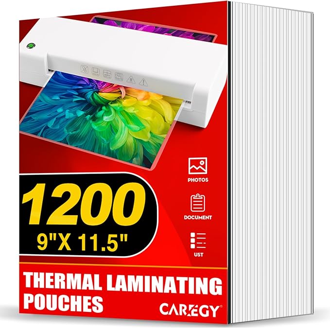 CAREGY Thermal Laminating Pouches, Holds 8.5 x 11 Inch Sheets,1200 Pack Laminating Sheets, 3 Mil, 9 x 11.5 Inches Lamination Sheet Paper for Laminator, Clear, Letter Size, Office and School Supplies