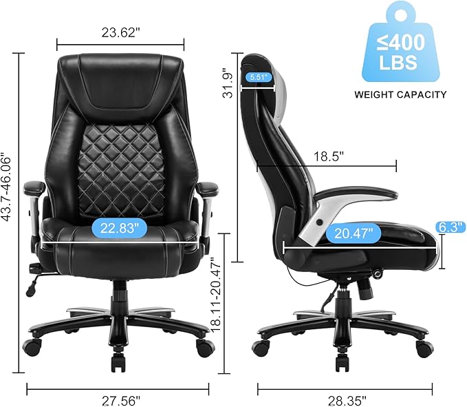 Big and Tall Office Chair 400LBS High Back Executive Chair Computer Chair- Adjustable Lumbar Support with Flip-Up Arms Large Desk Swivel Chair with Heavy Duty Metal Base,Black