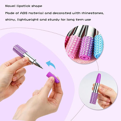DomeStar 24PCS Lipstick Shape Pens, Creative Ballpoint Pens Rhinestone Crystal Ballpoint Pen Lipstick Cute Ball Pen for Office Stationery Women Girls Students Children Gift