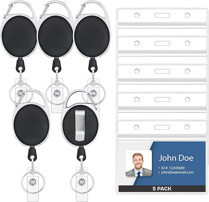 Will Well ID Badge Holders with Clip and Keyring - Horizontal Clear Plastic 3.7" x 2.5" Sleeves Fit Up to 3 Cards - Easy-Access Retractable 24" UHMWPE Fiber Pull Cords - 5-Pack, Black Reels