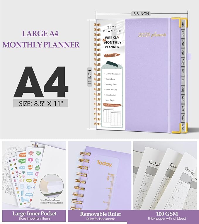 2026 Planner, Weekly and Monthly Calendar Planner from January 2026 - December 2026, 8.5" x 11" Hardcover Leather Hourly Appointment Book with Tabs, Spiral Daily Planners for College School Work Home, Purple