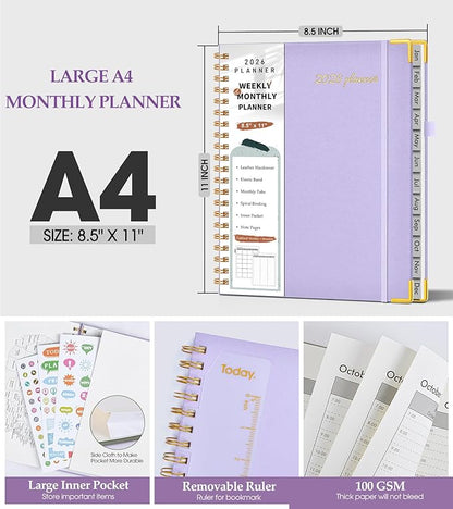 2026 Planner, Weekly and Monthly Calendar Planner from January 2026 - December 2026, 8.5" x 11" Hardcover Leather Hourly Appointment Book with Tabs, Spiral Daily Planners for College School Work Home, Purple