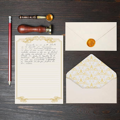 90 Pieces Stationery Set with Envelopes (60 Vintage-Style Paper Sheets + 30 Envelopes), Gold Border Letter Writing Paper and Envelopes for Love Letter, Party Invitations