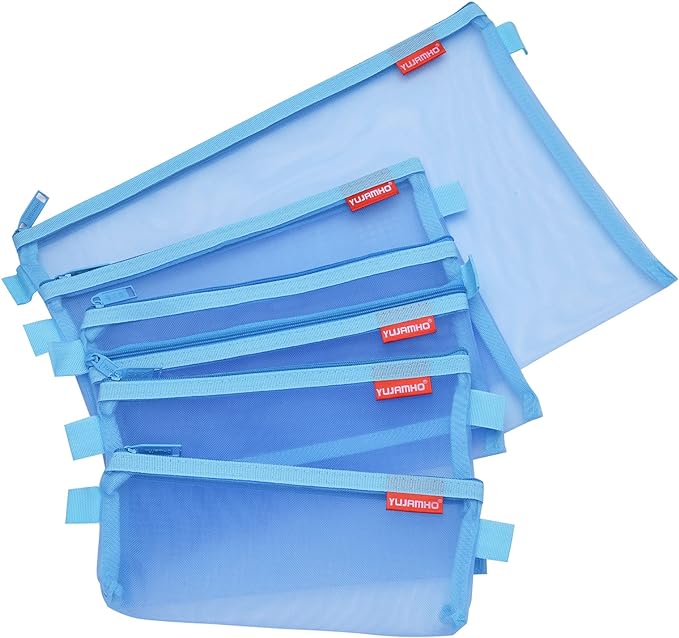 Pendancy Mesh Zipper Pouch 5pcs Lightweight Nylon File Folders Document Organizer Cosmetic Bags Accessories Storage for Travel and Office Supplies (Blue, A4 A5 A6)