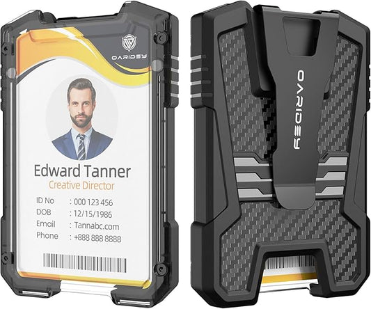 Oaridey Carbon Fiber Badge Holder/ID Card Holder/Portable Travel Wallet with Manganese Steel Clip, Heavy Duty Vertical Clear ID Holder for Work ID, Credit Cards