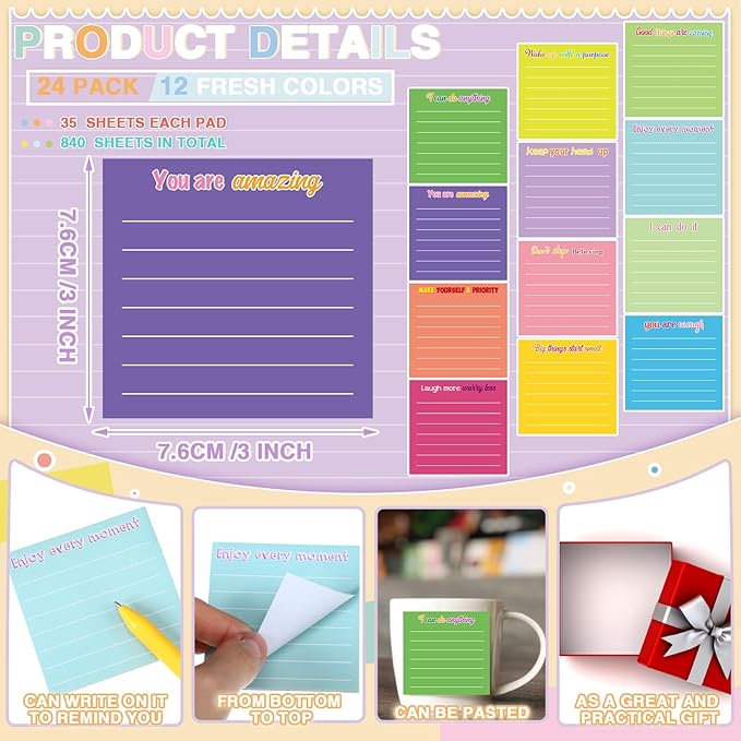 Yinder 24 Pcs Inspirational Sticky Notes with Lines Cute Motivational Sticky Notes Pad Employee Appreciation Gifts Bulk for Teacher Nurse Coworkers Office Supplies 3 x 3''(Dark Color,Inspirational)