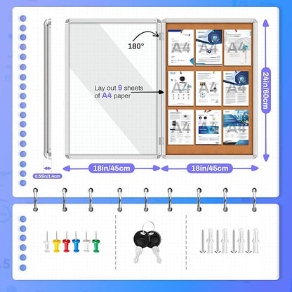 Magula 24"x18" Enclosed Cork Bulletin Board Tamper-Proof Dispaly Case, Aluminium Frame, Shatter Resistant Lockable Bulletin Board, Enclosed Cork Board for School, Office, Commercial, Hospital etc