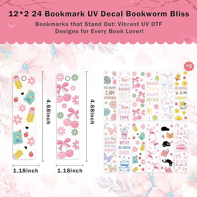 AFRITEE UV DTF Bookmark Stickers - 24 Pcs Boho Butterfly Flowers Acrylic Blank Bookmarks Double-Sided Sticker Uvdtf Decals About Plant Theme, Coquette Bow Rub on Transfer Decal for DIY Booklover Gifts