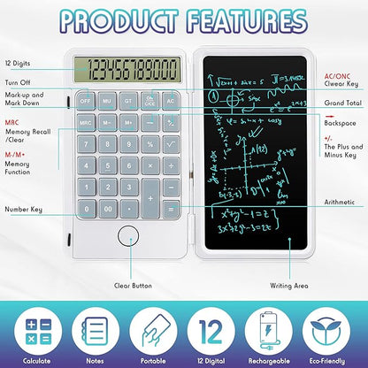 Hion Calculators,12-Digit Large Display Rechargeable Pocket Office Desktop Calculator with Erasable Wiriting Tablet,Mute Basic Desk Calculators with Doodle Pad for Student Home School,White