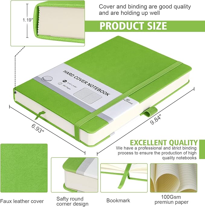 Lined Journal Notebook, 1 Pack (Grass Green), 360 Pages, 9.8 inches x 6.9 inches - 100 gsm Thick Paper, Hardcover
