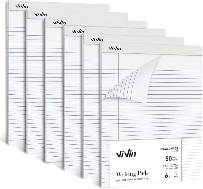 ViVin Legal Pads 8.5 x 11 Inch, Wide Ruled Note Pads, 6 Pack, 50 Sheet/Pad, Perforated Writing Pads, Notepads for Office Home School, 300 Sheets (6 Pack of 50), White Paper