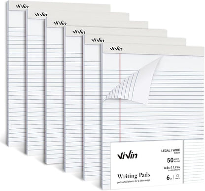 ViVin Legal Pads 8.5 x 11 Inch, Wide Ruled Note Pads, 6 Pack, 50 Sheet/Pad, Perforated Writing Pads, Notepads for Office Home School, 300 Sheets (6 Pack of 50), White Paper
