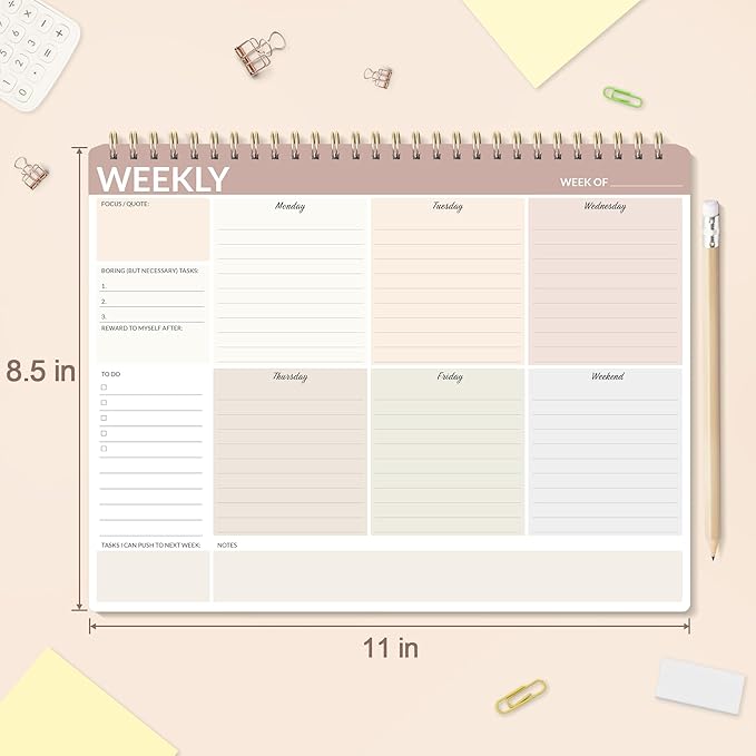 SUNEE Weekly To Do List Notepad - Last for 2 Years, 52 Undated Sheets, 8.5"×11", Spiral Weekly Desk Planner Pad for Adults and Kids, School, Home & Office - Brick Red