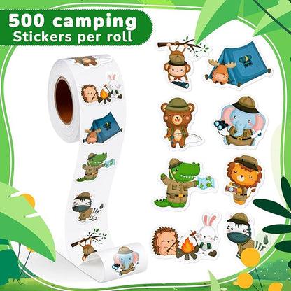 1 Roll Animal Stickers Reward Cute Space Stickers Office Supplies Incentives Sticker Animal Party Favor Decal, 500 Pcs Each Roll(Camping Animal)