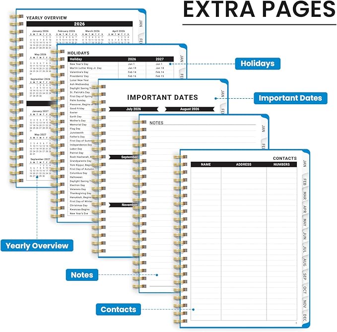 2026 Planner, Weekly and Monthly Calendar Planner, January 2026 - December 2026, Hardcover 2026 Calendar Planner Book with Tabs For Women & Men, Inner Pocket, Spiral Bound, Perfect for Office Home School Supplies - A4 (8.5" x 11"), Azure Blue