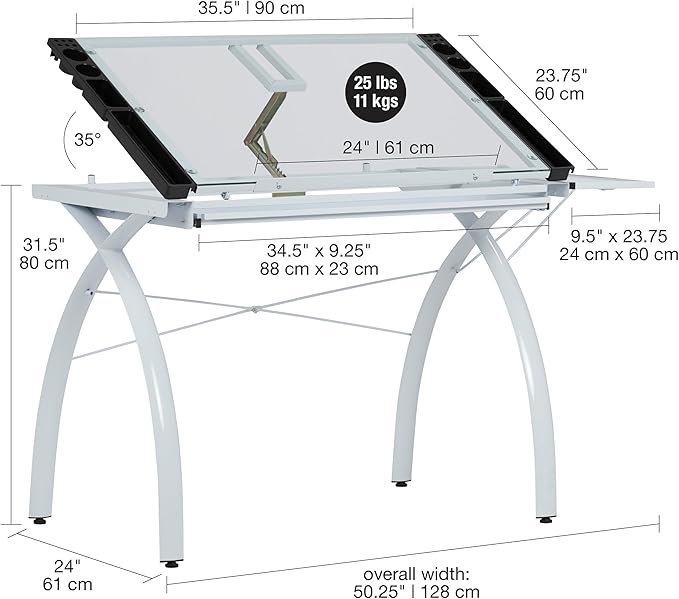 SD Studio Designs 10096 Futura Station with Folding Shelf Top Adjustable Drafting Craft Drawing Hobby Table Writing Studio Desk with Drawer, 35.5'' W x 23.75'' D, White/Clear Glass