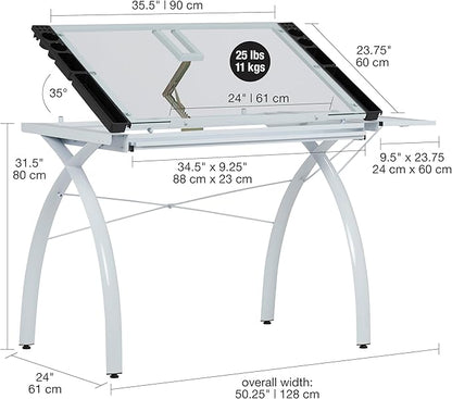 SD Studio Designs 10096 Futura Station with Folding Shelf Top Adjustable Drafting Craft Drawing Hobby Table Writing Studio Desk with Drawer, 35.5'' W x 23.75'' D, White/Clear Glass