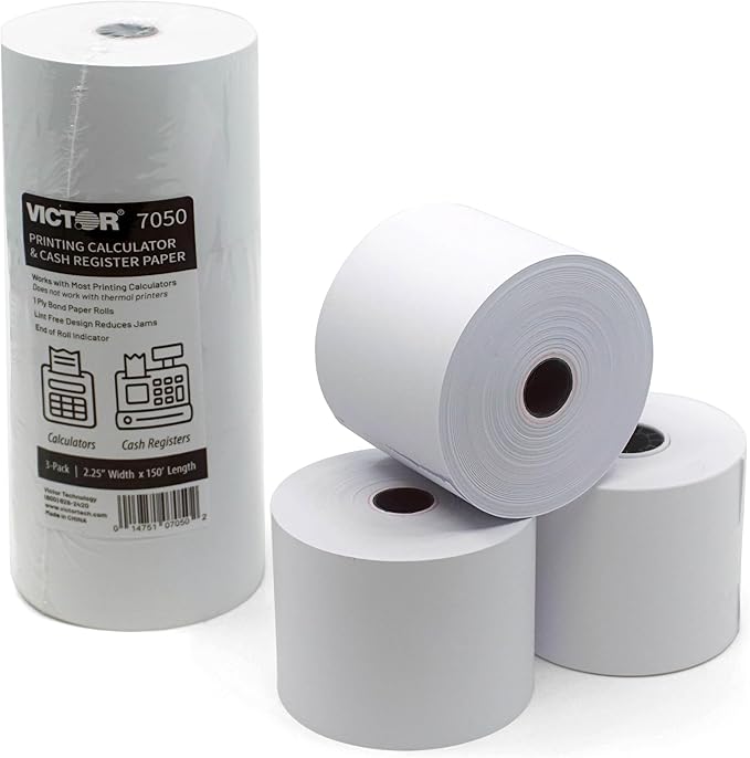 Victor 7050 Compact White Paper Rolls for Handheld and Portable Printing Calculators/Adding Machines/Ink Print Cash Registers 2.25” W x 150' FT (3-Pack)