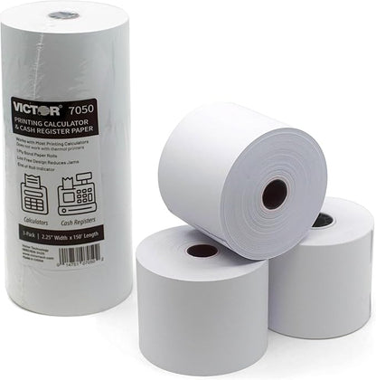 Victor 7050 Compact White Paper Rolls for Handheld and Portable Printing Calculators/Adding Machines/Ink Print Cash Registers 2.25” W x 150' FT (3-Pack)