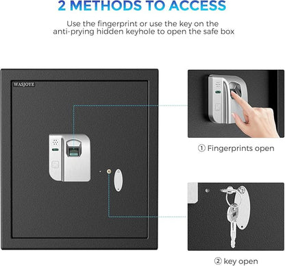 WASJOYE Fingerprint Biometric Safe Box, 2.0 Cu Ft Fireproof Safe Box with Finger Identification Key-Lock, Fingerprint Safe for Home Office Hotel Jewelry Document Passport Valuables Gun Safe Storage