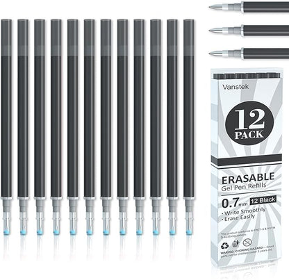 Vanstek 12 Black Erasable Gel Pen Refills, Gel Ink Refills Compatible with FriXion & Friction Erasable Pens, Fine Point 0.7 mm, Perfect for Writing Planner & Crossword Puzzles