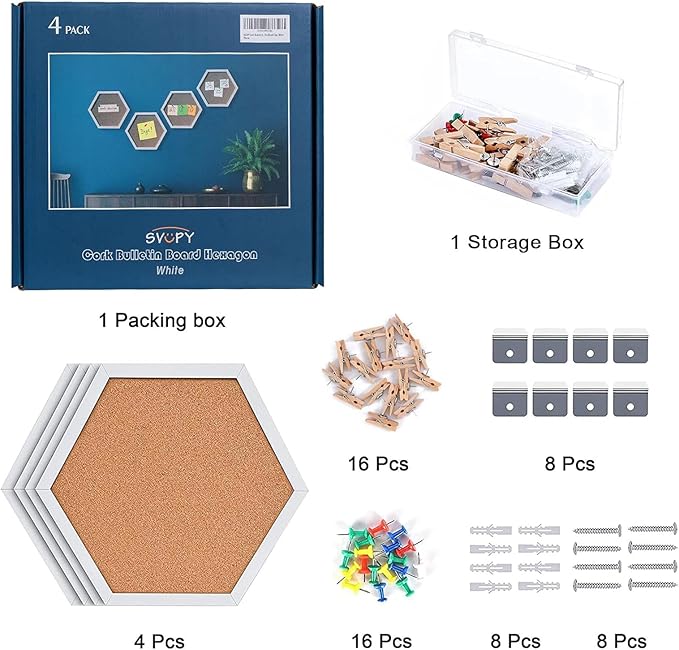 Cork Bulletin Board Hexagon White, Small Framed Corkboard Tiles for Wall, Thick Decorative Display Boards for Home Office Decor, School Message Board (4 Pack)