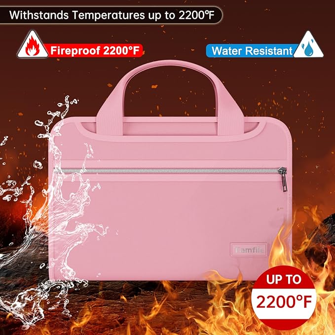 Tamfile Fireproof Accordion File Organizer with Handle, 13 Pocket Expanding File Folder with Zipper & Labels, File Folder with Multi-Pockets Paper Organizer Folder for Letter A4 Files, Pink