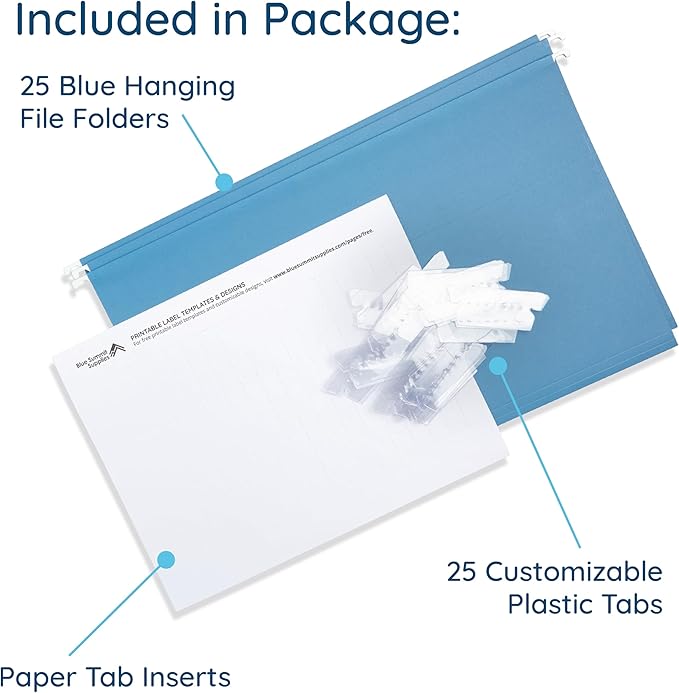 25 Blue Summit Supplies Legal Size Hanging File Folders - Durable 11pt Paper, Blue Hanging Folders with Tabs and Inserts, Fits Legal Size Filing Cabinets, 25 Pack