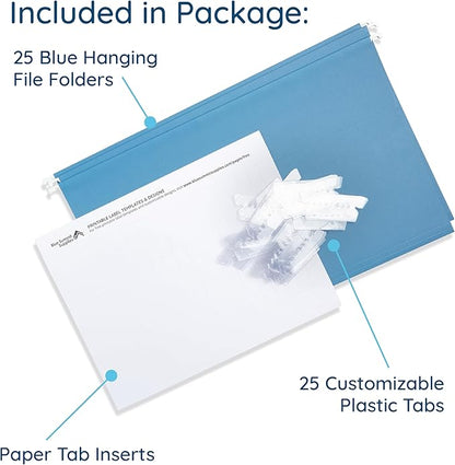 25 Blue Summit Supplies Legal Size Hanging File Folders - Durable 11pt Paper, Blue Hanging Folders with Tabs and Inserts, Fits Legal Size Filing Cabinets, 25 Pack